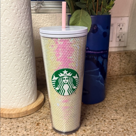 Starbucks Other - Starbucks | Sequin White Tumbler with Pink Straw and Green Logo